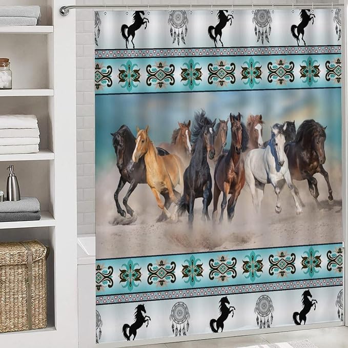 Native Americans Horse 4 Pcs Waterproof Shower Curtain Set,Abstract Tribal Farmhouse Aztec Dream Catcher Horse with Waterproof Toilet Cover Shower Mat Rugs