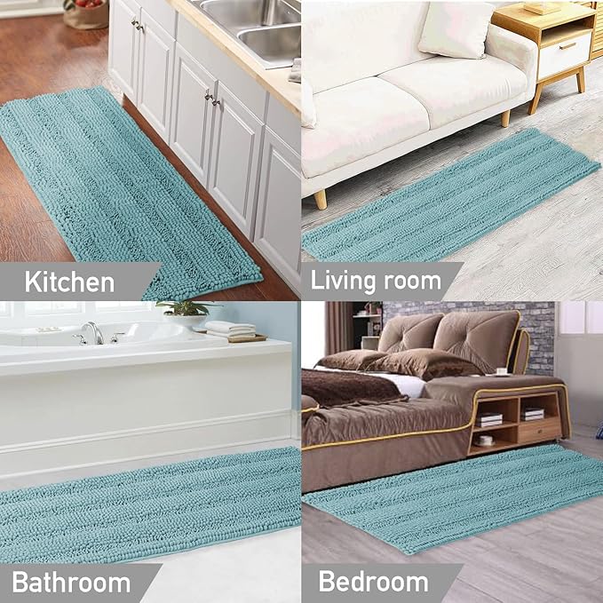 Turquoize Non Slip Shaggy Chenille Microfibers Bathroom Rug Aqua Haze Mat - Extra Long 59 x 20, Super Water Absorbent & Soft Washable Kitchen Rugs and Mats
