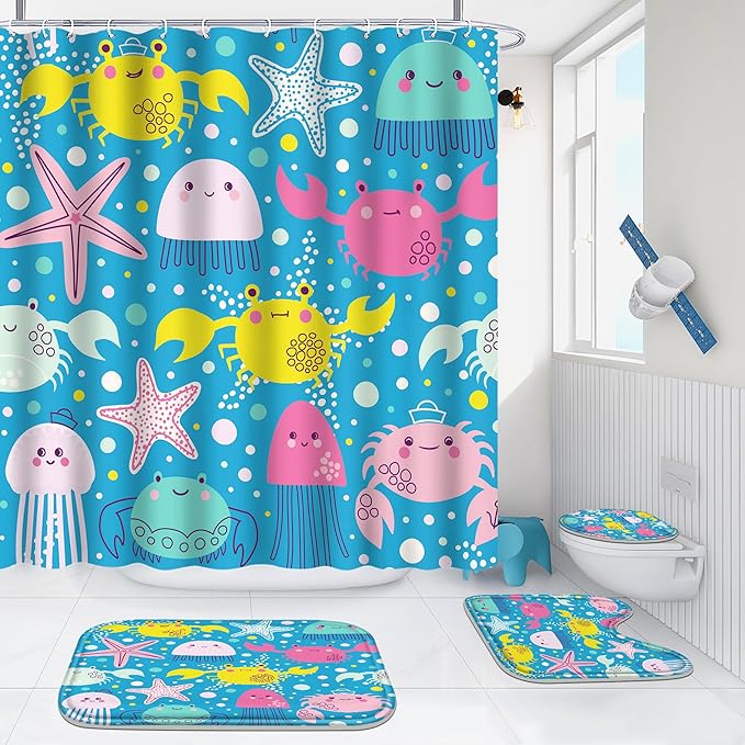 Poedist 4 Pcs Bathroom Shower Curtain Set,Kid's Bathroom Set,Ocean Octopus Shower Curtain Sets with Rugs(Bath Mat,U Shape and Toilet Lid Cover Mat) and 12 Hooks