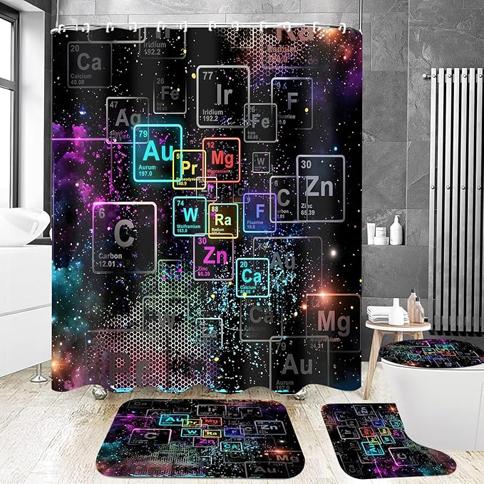 Yizheer 4Pcs Black Starry Sky Grid Bathroom Shower Curtain Set with 12 Hooks Bath Mat Toilet Cover U Shaped Mat- PEVA Material, 72x72 Inches, Bathroom Curtain for Bathtub (Elements)