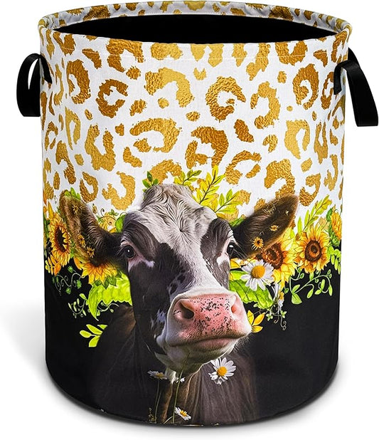 Cow Laundry Basket Sunflower Leopard Print foldable Oxford Cloth Funny Tote Bag Laundry Hamper Clothes Storage Bucket Toy Organizer For Bathroom/Laundry Storage/Bedroom 18.9x16.5 Inch