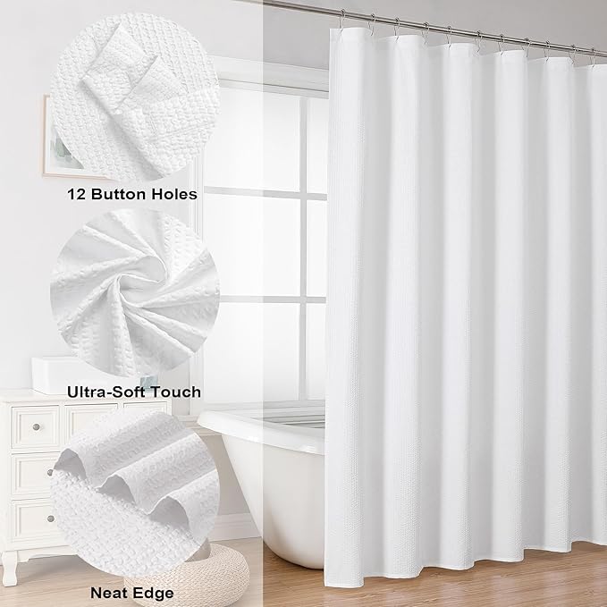 OVZME Berry Extra Long White Shower Curtain 96 Inch Long, 3D Embossed Texture Fabric Bathroom Shower Curtain, Large Hotel Bath Curtain with 12 Holes, Washable Cloth Shower Curtains, 72x96, White