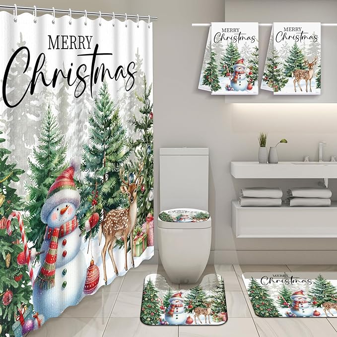 Nuanchu 6 Pcs Christmas Shower Curtain Set with Rug Bathroom Sets with Shower Curtain Bath Mat U Shaped Mat Toilet Lid Cover 2 Bath Towels and 12 Hooks White Christmas Snowman Bathroom Decor
