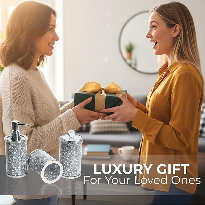 Escenzy Crushed Diamond Glass Bathroom Accessories Set 3 Pcs | Silver Crystal Soap Dispenser and Toothbrush Holder Set with Tumbler | Modern Bathroom Accessory Set and Vanity Organizer