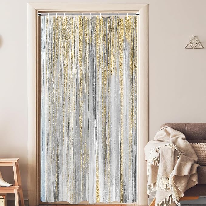 JAWO Abstract Shower Curtain, Modern Aesthetic Stripe Shower Curtain Set 72 X 72 Inches with 12 Hooks for Bathtub Bathroom Gray Purple Contemporary Abstract Painting Fabric