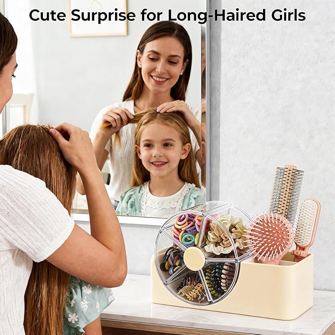Hair Accessories Organizer with 5-Section Rotating Case | 2-Slot Comb & Hair Brush Holder | Cute Bathroom Vanity Caddy for Hair Tiles, Clips, Scrunchies, Other Accessories | Girls Vanity Décor (Cream)
