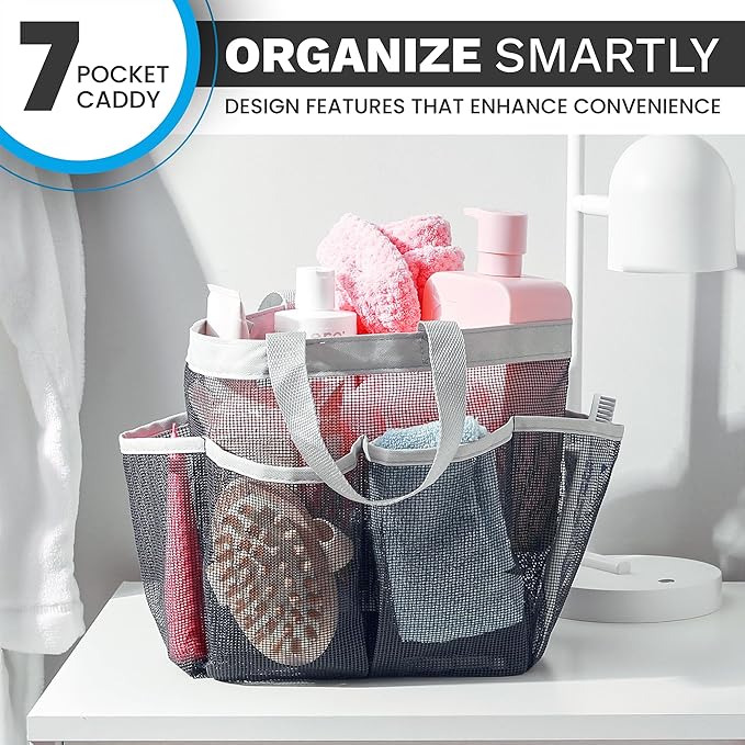 Handy Laundry Mesh Shower Caddy – 7 Pocket Portable Organizer Tote for College Dorm, Gym, Travel & Bathroom – Quick Dry, Collapsible, Lightweight Bag with Reinforced Handles (Black)