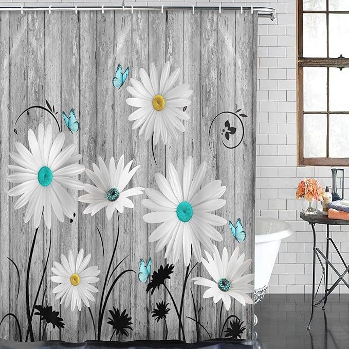 ArtSocket Flower Daisy Bathroom Set with Shower Curtain and Bath Rugs and Accessories,Gray Wooden Boards Non-Slip Shower Curtain Set,Bathroom Decor 3 Pcs