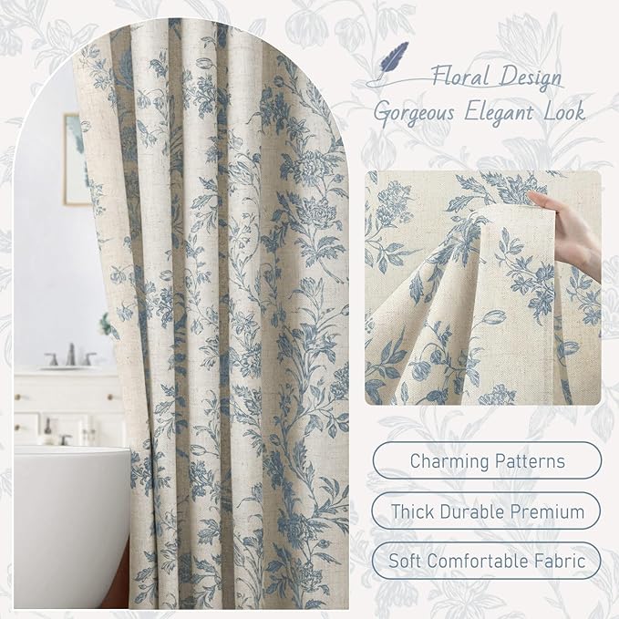 Blue Floral Shower Curtain,Vintage Linen Beige Cottagecore Shower Curtains for Bathroom, 72" W x 72" L