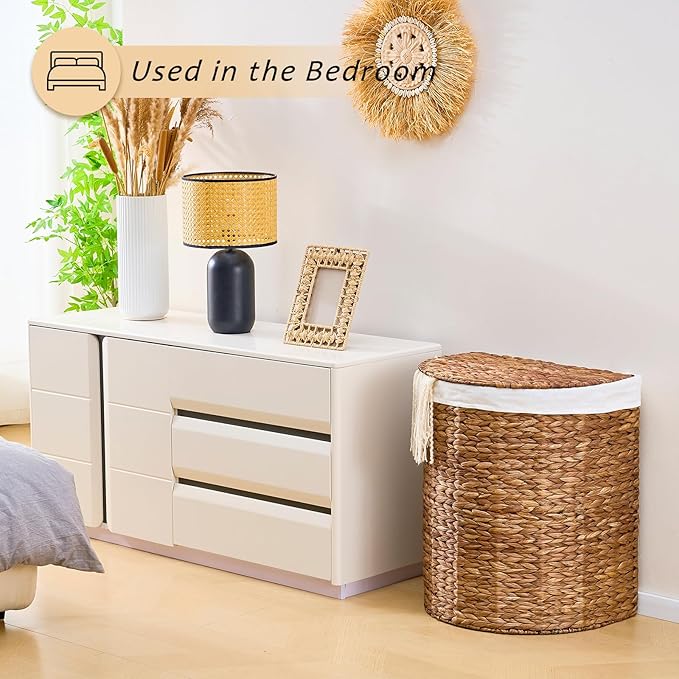 Water Hyacinth Laundry Hamper with lid, Half Moon Shape with 2 Removable Cloth Bags, Handwoven Boho Wicker Basket for Laundry Organization, Espresso