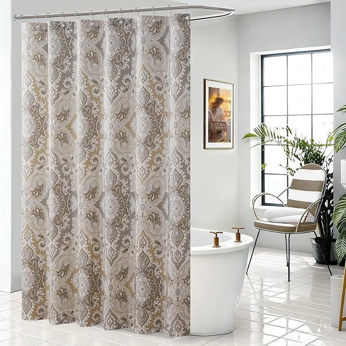 Waterproof Long Fabric Shower Curtain, Beige Grey Boho Paisley Damask Print Bathroom Curtain, 72" W x 78" H