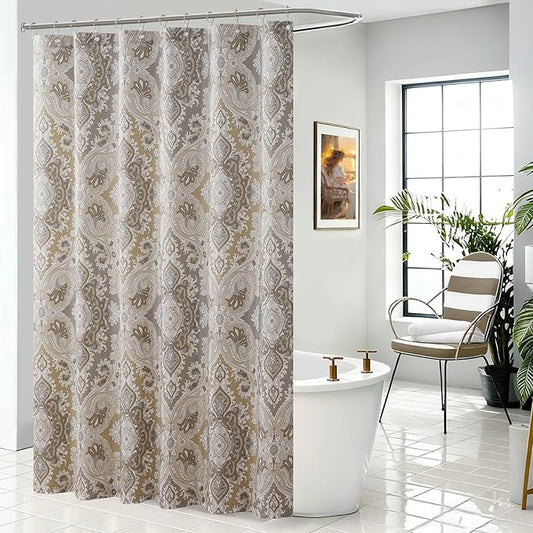 Waterproof Long Fabric Shower Curtain, Beige Grey Boho Paisley Damask Print Bathroom Curtain, 72" W x 78" H