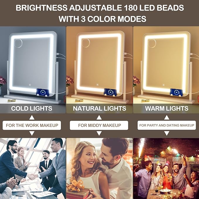 Gvnkvn Lighted Makeup Mirror, Hollywood Vanity Mirror with Lights, Three Color Lighting Modes, and 5X Magnification Mirror, Smart Touch Control, 360°Rotation (17.2in. White)