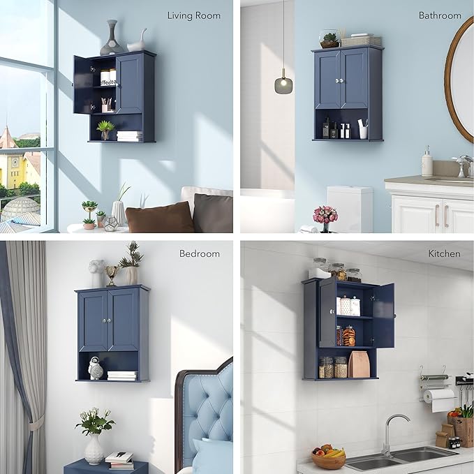 VANIRROR Bathroom Wall Cabinet Navy Blue Over Toilet Storage Cabinets 24x30 in Above Toilet Wood Medicine Cabinets Wall Mounted Bathroom Cabinet with 2 Door & Adjustable Shelf