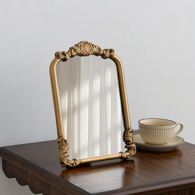 Vintage Vanity Small Gold Mirror Antique Makeup Desk Mirror with Stand Arched Table Mirror for Living Room Tabletop Countertop Bedroom Bathroom 8.5x12