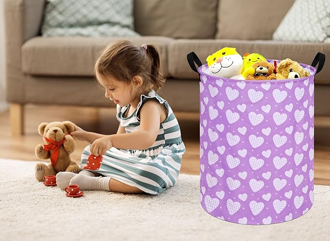 Round Valentine's Heart Pattern Laundry Hamper Clothes Storage Basket Fabric Storage Hamper Organization Storage Bin, Nursery Box,Gift Basket with Handles