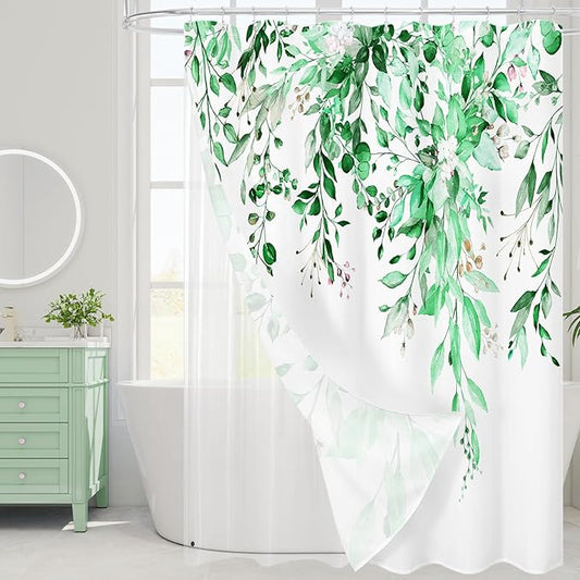 Gibelle 3 in 1 Shower Curtain Set, 72x72 Eucalyptus Bath Curtain and PEVA Liner Set with 12 Metal Hooks, Waterproof Fabric Bathroom Curtain, EmeraldGreen