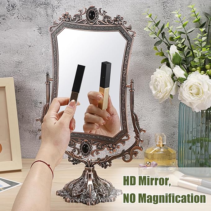 JUXYES Metal Tabletop Antique Decorative Makeup Mirror with Stand, Vintage 360° Swivel Double Sided Cosmetic Mirror with Frame, Retro Desktop Dressing Mirror Magic Mirror for Dresser