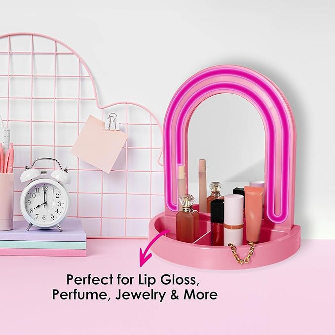 LED Vanity Mirror with Tray, for Desk, Dressing Table, Light Up Mirror for Makeup, Dorm Desk Vanity Mirror with Lights, Pink