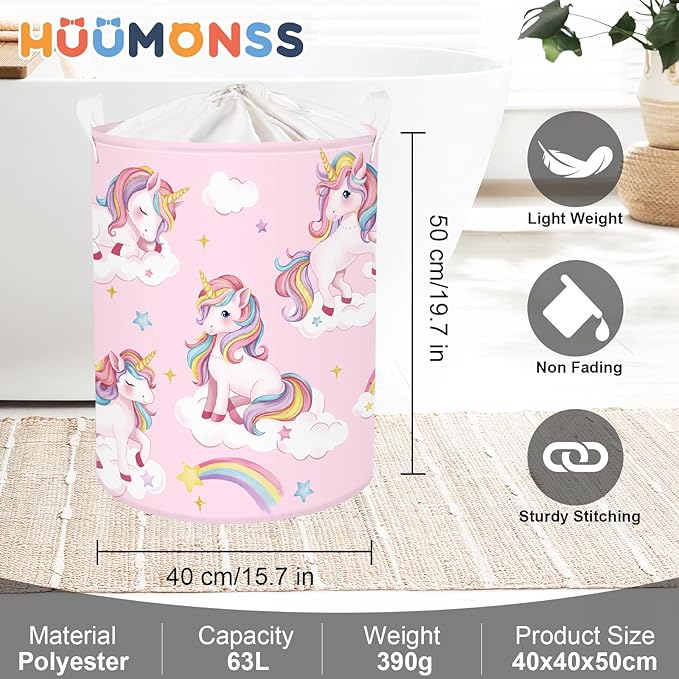 Unicorn Laundry Hamper Large Storage Basket Rainbow Clouds Collapsible Parents Organizer Kids Toy Clothes Bins for Bedroom, Bathroom, Stars, 63L