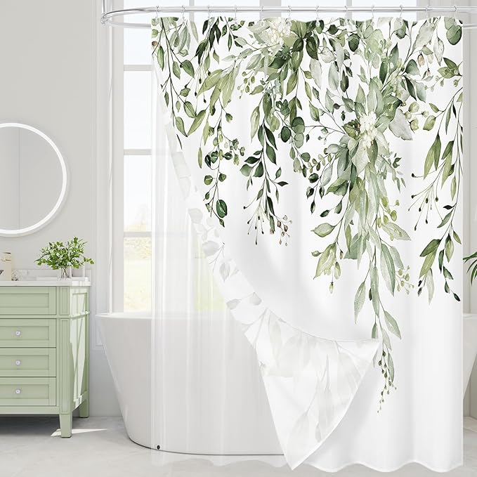 Gibelle 3 in 1 Shower Curtain Set, 72x72 OliveGreen Eucalyptus Bath Curtain with PEVA Liner Set and 12 Metal Hooks, Waterproof Fabric Bathroom Curtain