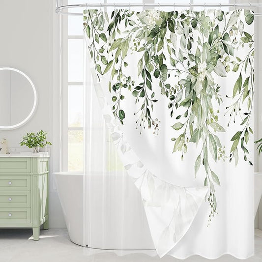 Gibelle 3 in 1 Shower Curtain Set, 72x72 OliveGreen Eucalyptus Bath Curtain with PEVA Liner Set and 12 Metal Hooks, Waterproof Fabric Bathroom Curtain