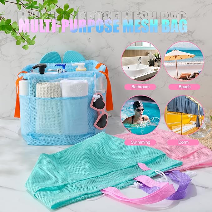 Talltalk 3 Pcs Mesh Shower Caddy Portable with Drawstring Dorm Essentials with 8 Pockets Hanging Shower Caddy Basket Quick Dry Toiletry for College Bathroom, Camping, Swim, Gym (Macarons Color)