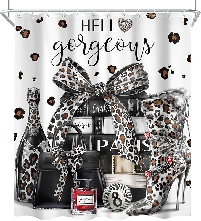 Cinbloo 4Pcs White Black Leopard Shower Curtain Set,Cheetah Fashion Luxury Magazine Books Perfume High Heels Bathroom Curtain with Rug, Toilet Lid Cover, Bath Mat,Girls Shower Curtain with 12 Hooks
