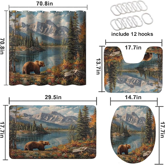 4 Pcs Rustic Bear Shower Curtain Set with Rugs,Toilet Lid Cover, Bath Mat, Lake Country Lodge Cabin Farmhouse Camp Woodland Shower Curtain with 12 Hooks, Durable Bathroom Decor Set