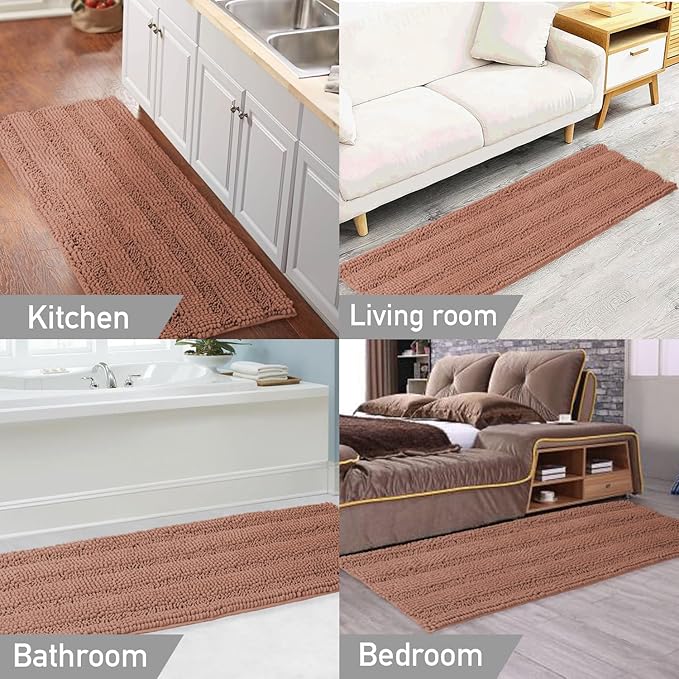 Turquoize Bath Mat, 47 x 17, Muted Clay, Plush Chenille, Non-Slip, Machine Washable