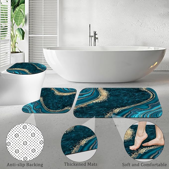 4PCS Teal Blue Gold Marble Bathroom Sets with Shower Curtain and Rugs, Abstract Gold Shower Curtain Sets with Rugs, Modern Bathroom Curtains Shower Set Accessories