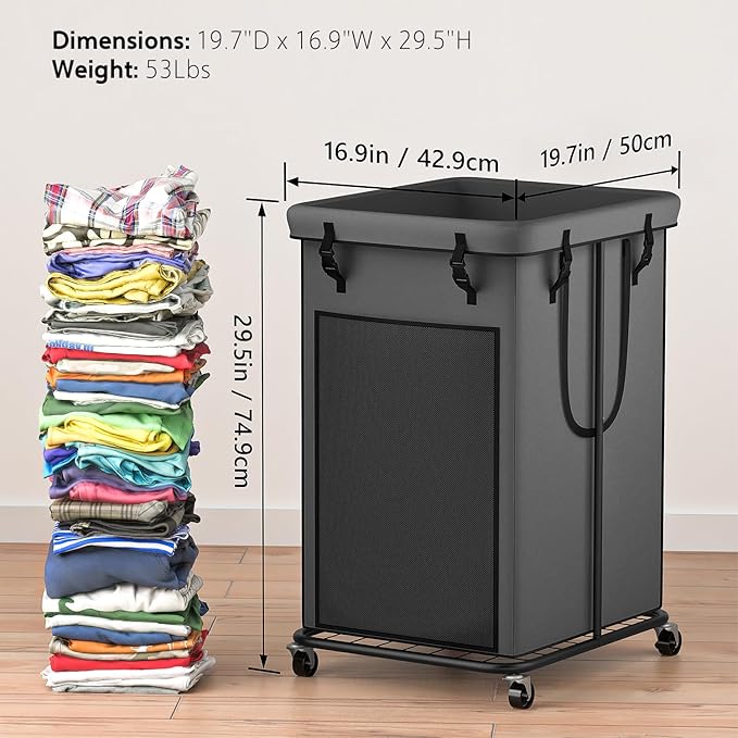YKDIRECT 150L Large Laundry Hampers, Oxford Fabric Laundry Hampers Clothes Hampers, Metal Frame and Removable Bag Design with Wheels, Suitable for Bedroom, Bathroom, Dorm Room, Laundry Room (Grey)