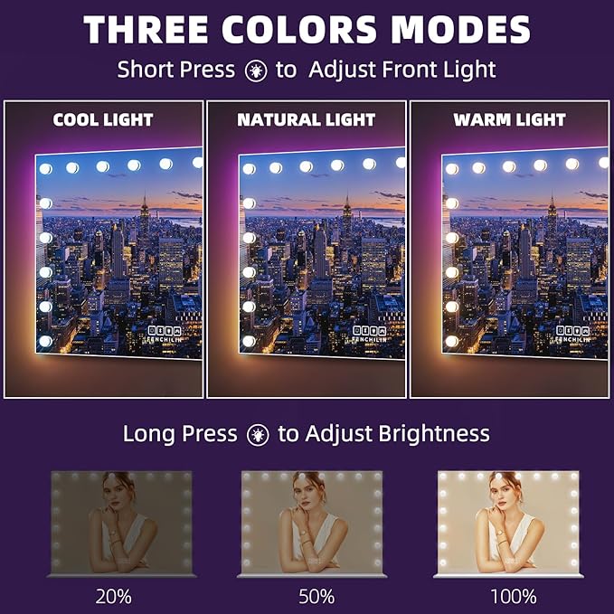 FENCHILIN 32 x 23 Inch RGB LED Vanity Mirror with Light and RGB Backlit Hollywood Lighted Makeup Mirror, Smart Touch Control Light Mirror with Memory Function