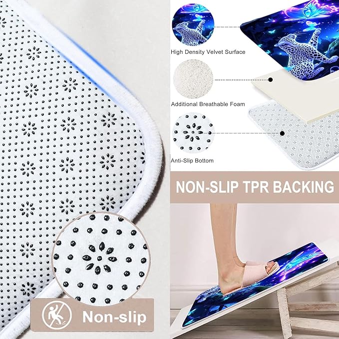 jieprom 4 PCS Leopard and Butterfly Shower Curtain Set with Rugs - Blue Dream Bathroom Decor - Luxury Waterproof Fabric Curtain, Non-Slip Bath Mat, U-Shaped Rug & Toilet Lid Cover