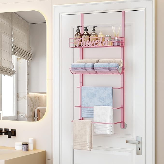 SWTYMIKI SWTYMIKI Over The Door Towel Racks for Bathroom - 5-Tier Wall Mounted Bathroom Towel Storage Organizer Holder with Metal Shelf, Pink