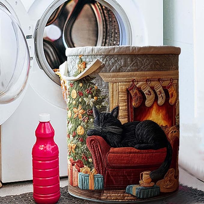Cute Cat Quilted Laundry Basket with Handles, Boho Floral Fabric Quilted Laundry Basket, Large Soft Collapsible Storage Hamper for Nursery, Bedroom, Bathroom, Clothes & Toy Organization (#03)
