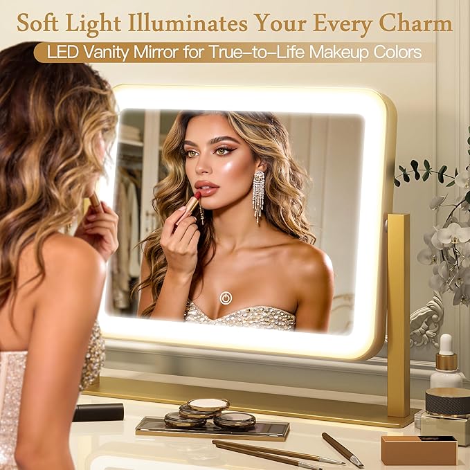 12" x14" Vanity Mirror with Light, LED Makeup Mirror with Lights, Small Gold Mirror with 360°Rotation, 3 Color Modes, Dimmable ＆ Memory Function, LED Mirror for Vanity Desk, Travel