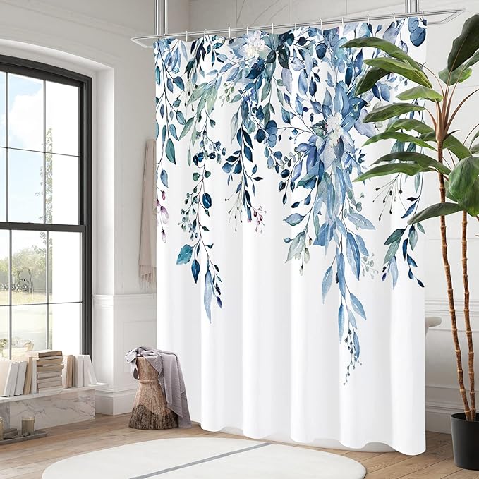 Gibelle Long Shower Curtain 72 x 78, Blue Floral Shower Curtain for Bathroom, Watercolor Plant Eucalyptus Leaves Fabric Shower Curtain Set