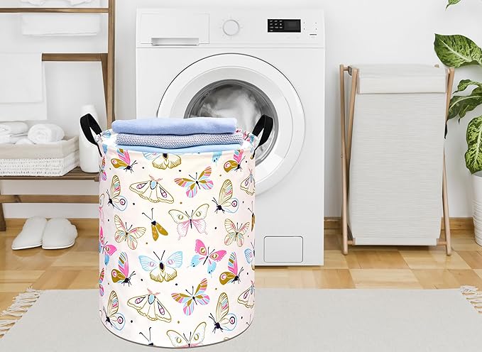 KUNRO Round Spring Butterfly Laundry Gift Basket Storage Hamper, Clothes Storage Organizer Bins, Shelf Basket with Handles for Room Decor