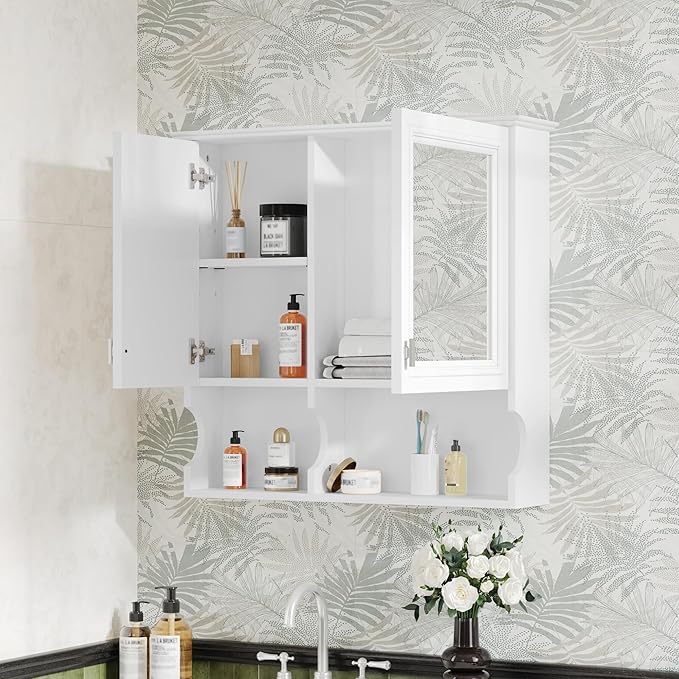 Merax Bathroom Wall Cabinet with Mirror, Wall Mounted Medicine Cabinet with Adjustable Shelves and Open Spaces, 30" x 28" Mirrored Door Over The Toilet Bathroom Storage Cabinet