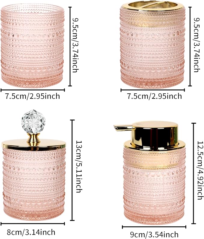 FEILANDUO Bathroom Accessories Set,4Pcs Glass Bathroom Accessories,Vanity Bathroom Decor, Soap Dispenser, Toothbrush Holder Set, Apothecary Jar, Gift for Home Apartment (Pink)