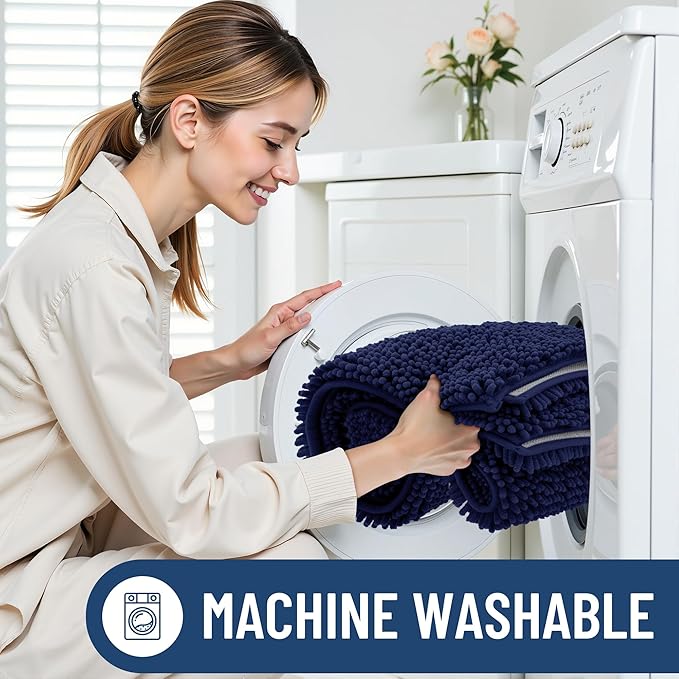 Smiry Luxury Chenille Bathroom Rugs 40x32, Extra Soft and Absorbent Shaggy Bath Mat, Machine Washable, Non-Slip Plush Carpet Runner for Tub, Shower, and Floor, Home Decor Accessories, Navy Blue