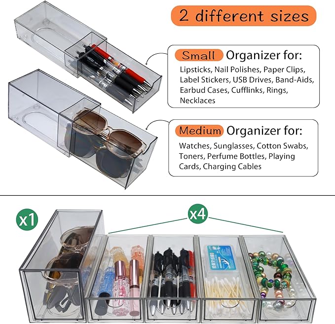 Stackable Storage Drawers Set of 5 Acrylic Storage Drawers Clear Plastic Stackable Organizer Bins for Makeup, Cosmetics,Beauty Supplies,Ideal for Vanity, Bathroom,Cabinet,Pantry Organization