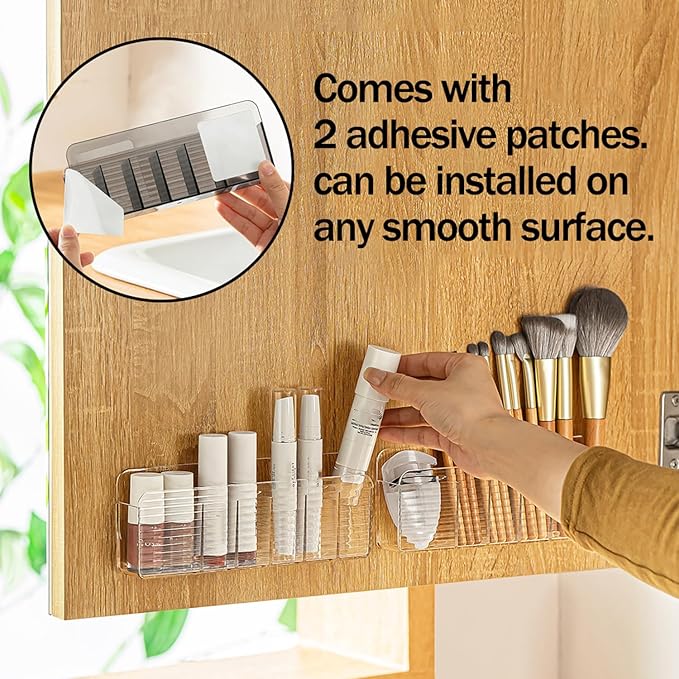 MORNITE 3 Pcs Wall-Mounted Makeup Organizer Set, Makeup Holder for Lipstick, Pencils, Brush, Lip Liner, Cabinet Storage for Mirror, Door, Bathroom, Vanity