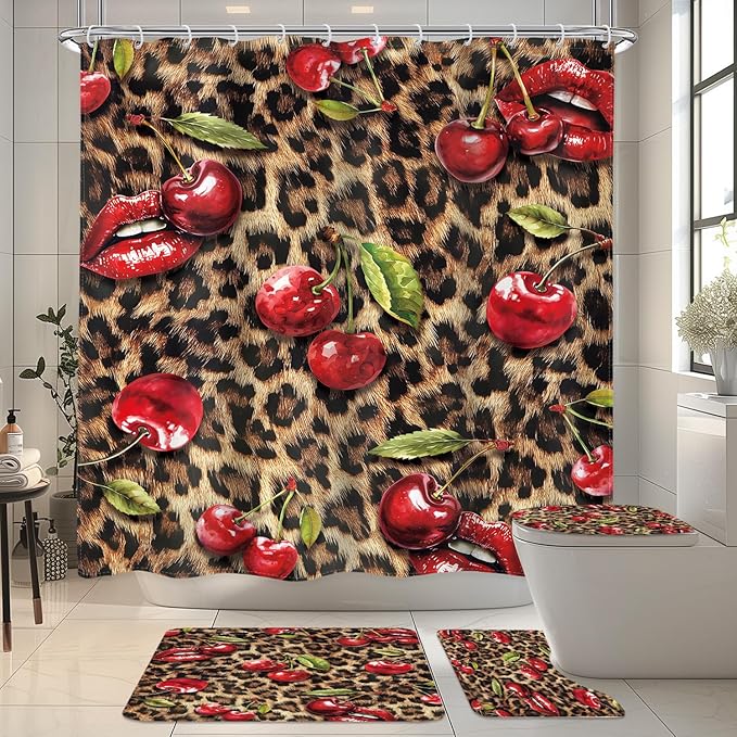 LIGHTINHOME 4 PCS Leopard Print Cherry Shower Curtain Set 72Wx72H,Toilet Lid Cover,Non-Slip Rugs and U-Shaped Mat,Cheetah Lips Bathroom Sets with Rugs Shower Accessories 12 Hooks for Bathroom Decor