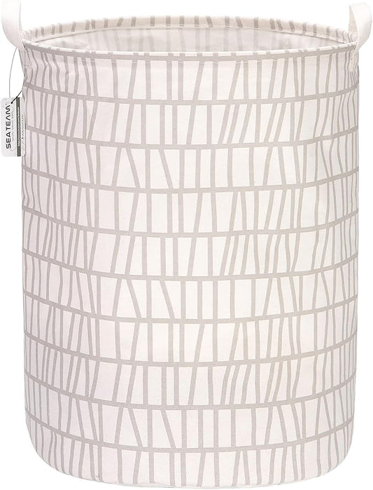 Sea Team 19.7 Inches Large Sized Waterproof Coating Ramie Cotton Fabric Folding Laundry Hamper Bucket Cylindric Burlap Canvas Storage Basket with Stylish Branch Grey Design