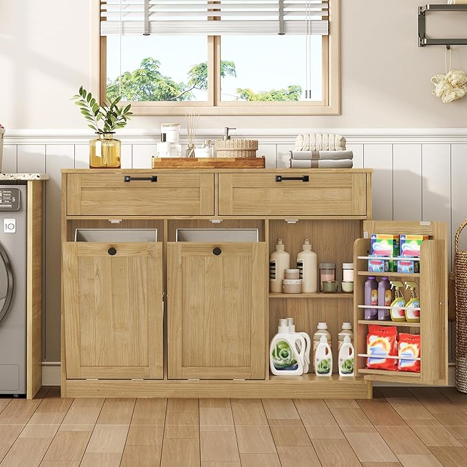 Double Tilt Out Laundry Hamper Cabinet, 43.3" Laundry Cabinet with 2 Removable Baskets, Farmhouse Wooden Hidden Trash Bin Cabinet with Open Shelving, for Bathroom, Natural