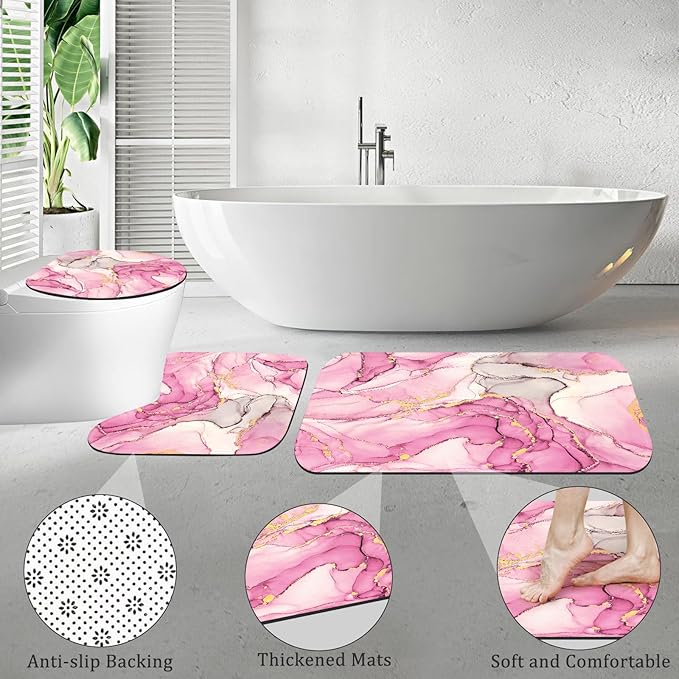4PCS Pink Gold Marble Bathroom Sets with Shower Curtain and Rugs, Hot Pink Shower Curtain Sets with Rugs, Modern Bathroom Curtains Shower Set with Toilet Lid Cover