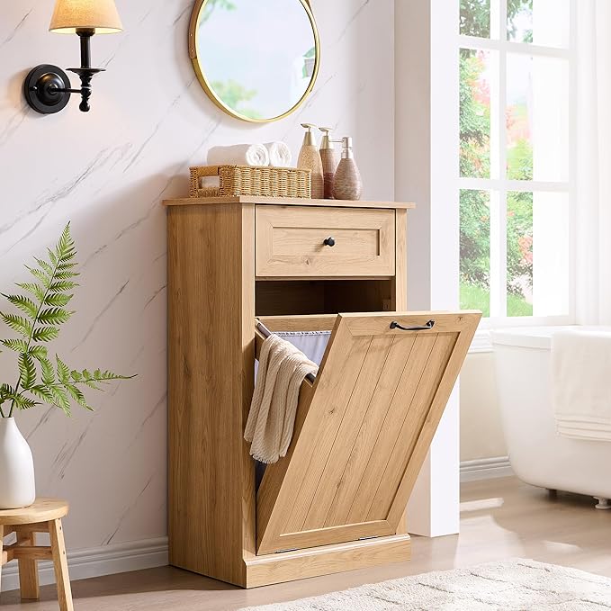 IFBUY Tilt Out Laundry Hamper Cabinet, 10 Gallon Farmhouse Trash Can Cabinet with Drawer, Hidden Wood Garbage Can Bin Cabinets with Laundry Storage Basket for Bathroom, Kitchen, Natural