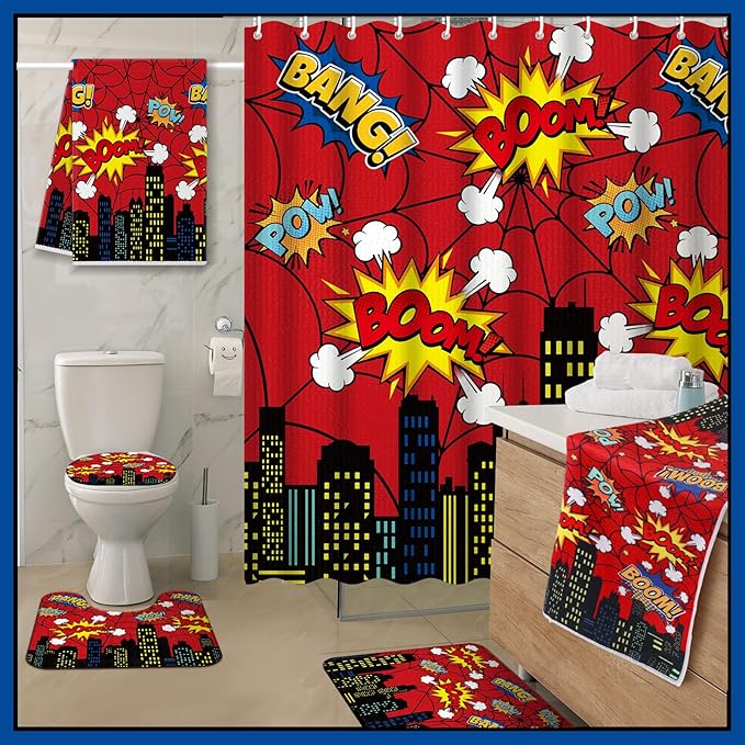 Nuanchu 6 Pcs Hero Themed Shower Curtain Set with Rug Bathroom Sets with Shower Curtain Bath Mat U Shaped Mat Toilet Lid Cover 2 Bath Towels and 12 Hooks Red Hero Themed Bathroom Decor